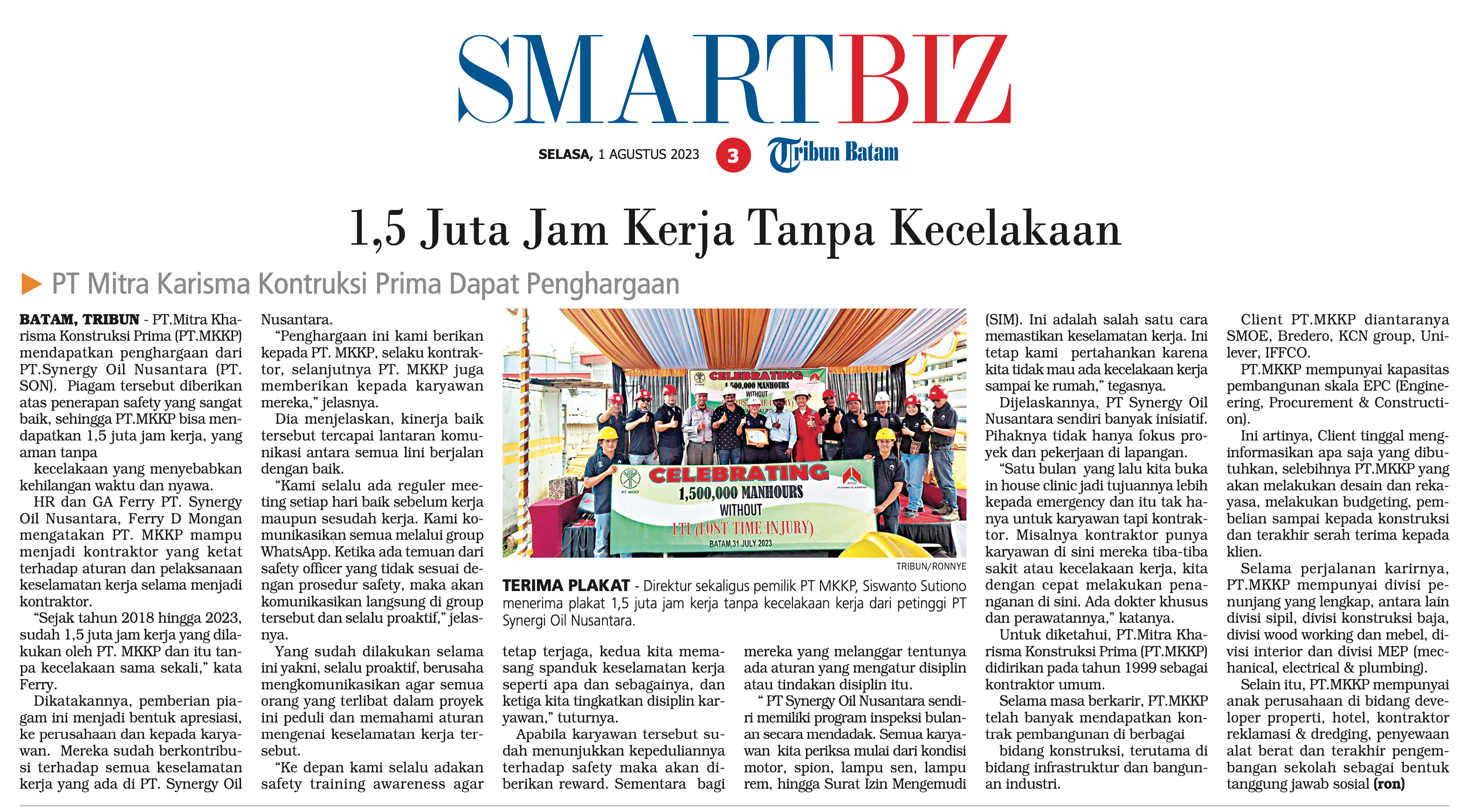 News of safety awards 1.5 million manhours without Lost Time Injury achieved by PT. Mitra Kharisma Konstruksi Prima on SMARTBIZ Newspaper